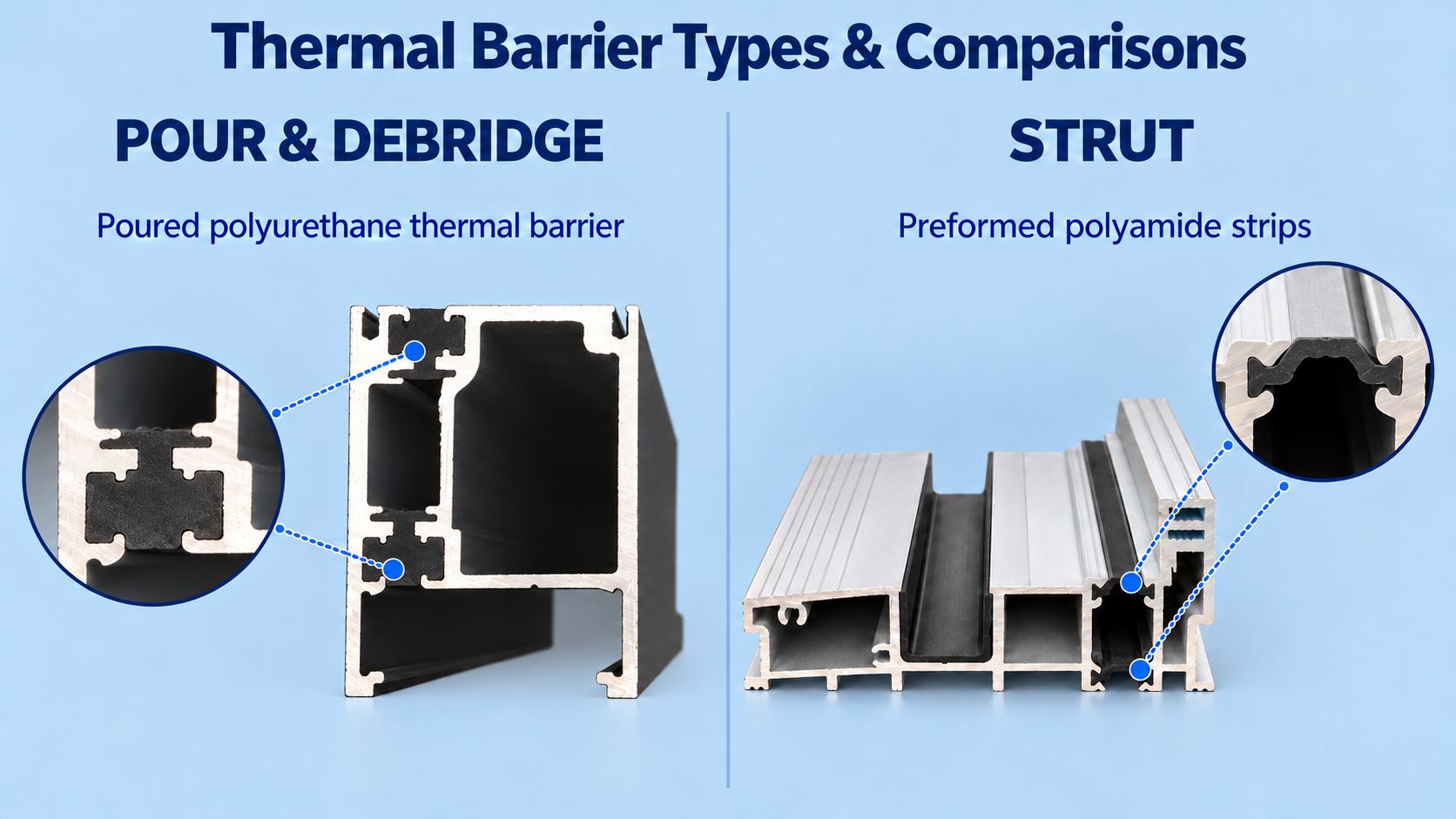 Comparison of pour-and-debridge thermal breaks in a Lanai door panel at left and strut thermal breaks in the standard threshold at right, with enlarged details