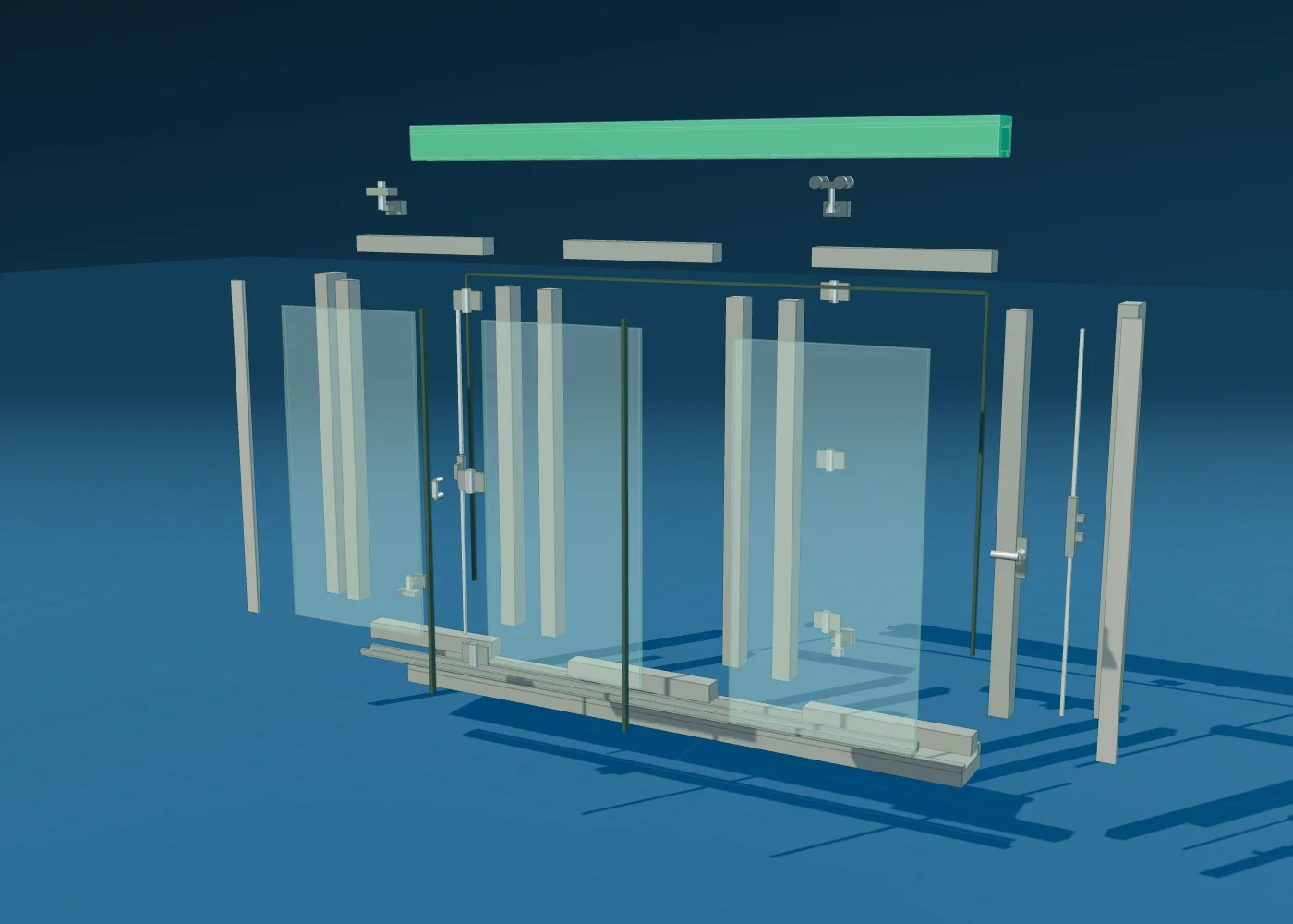 Exploded illustrative 3D model of a folding glass door system with separated frame and panel components